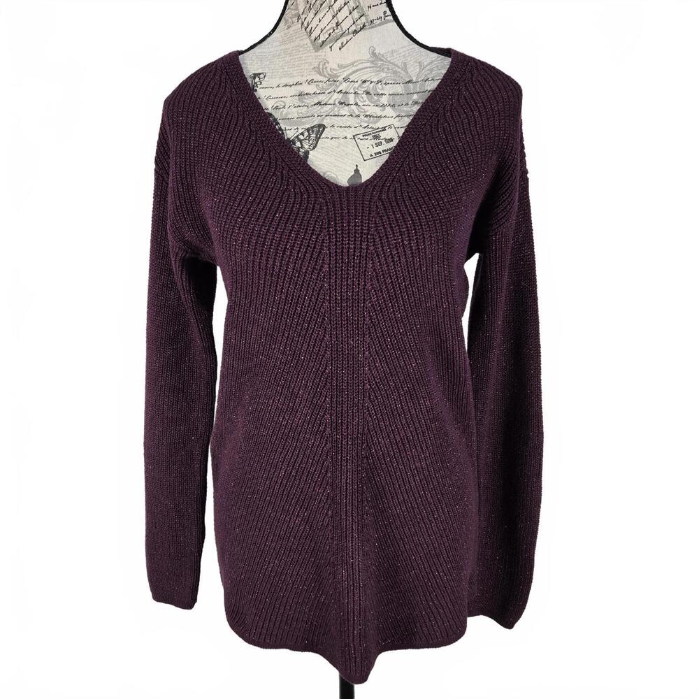 a.n.a A New Approach XS Purple Metallic Sparkle V-Neck Ribbed Knit Sweater Tunic